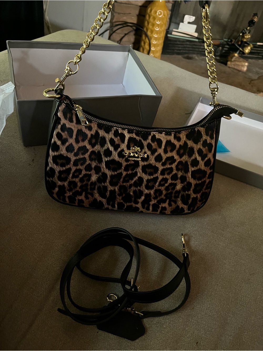 Coach Leopard-Pattern Mini Shoulder Bag with Gold Chain